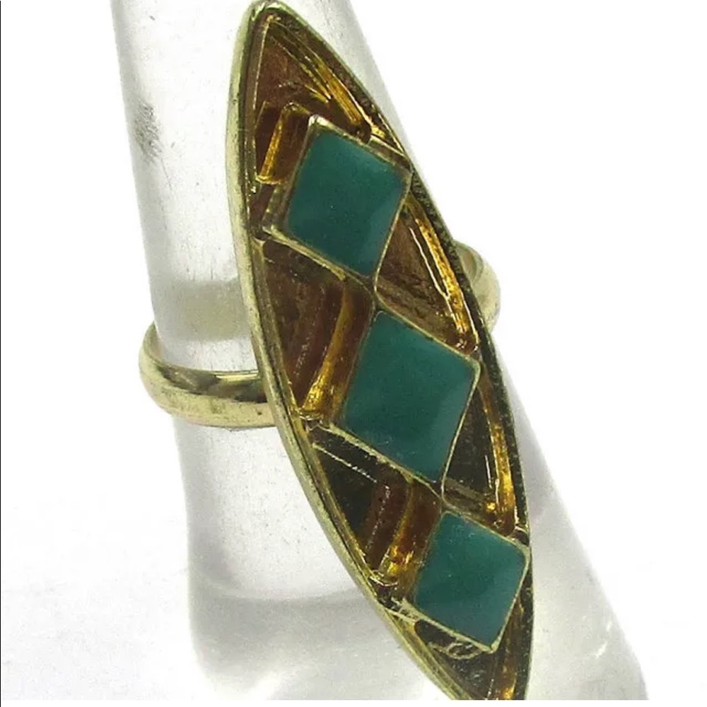 Aztec Turquoise Gold Long Triangle Ring Size 6.5